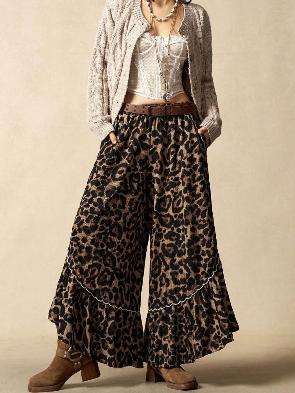 Mocha Brown Boho Women's Loose Chiffon Ruffle Hem Leopard Print Wide-Leg Pants